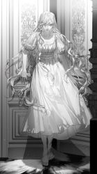 Rule 34 | 1girl, barefoot, collarbone, dated, dress, greyscale, hair over one eye, highres, long hair, monochrome, original, puffy short sleeves, puffy sleeves, short sleeves, signature, solo, standing, very long hair, vlfdus 0, white dress, white theme