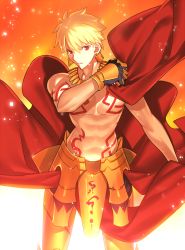Rule 34 | 1boy, blonde hair, cape, chietori, collarbone, earrings, fate/stay night, fate (series), gauntlets, gilgamesh (fate), hair between eyes, jewelry, looking at viewer, male focus, red cape, red eyes, solo