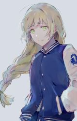 Rule 34 | 1girl, alternate costume, blonde hair, braid, casual, closed mouth, contemporary, female focus, fire emblem, fire emblem: three houses, green eyes, grey background, hands in pockets, highres, ingrid brandl galatea, jacket, kvlen, long hair, long sleeves, nintendo, simple background, solo, upper body