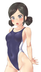 Rule 34 | 1girl, aimobake, arms between legs, black eyes, black hair, blue one-piece swimsuit, breasts, commentary request, competition swimsuit, cowboy shot, glasses, highleg, highleg swimsuit, highres, idolmaster, idolmaster cinderella girls, low twintails, one-piece swimsuit, open mouth, saejima kiyomi, short hair, simple background, small breasts, solo, swimsuit, teeth, twintails, upper teeth only, white background