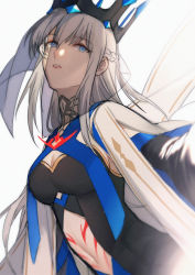 Rule 34 | 1girl, absurdres, bad id, bad twitter id, black dress, blue eyes, braid, breasts, cleavage, cleavage cutout, clothing cutout, crown, dress, fate/grand order, fate (series), hair between eyes, highres, long bangs, long hair, morgan le fay (fate), navel, navel cutout, platinum blonde hair, simple background, solo, stomach cutout, stomach tattoo, tattoo, veil, white background, yorukun