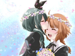 Rule 34 | 2girls, :d, ahoge, assault lily, black bow, black ribbon, blue background, blue eyes, bouquet, bow, braid, braided ponytail, brown hair, bubble, closed eyes, commentary, commission, cropped jacket, facing another, falling petals, flower, flower wreath, from side, futagawa fumi, gradient background, green hair, hair between eyes, hair bow, head wreath, highres, holding, holding bouquet, juliet sleeves, kiss, kissing forehead, light blush, long hair, long sleeves, low ponytail, low twintails, multiple girls, neck ribbon, open mouth, petals, pink flower, pixiv commission, profile, puffy sleeves, purple flower, ribbon, school uniform, single braid, smile, tearing up, teeth, twintails, upper body, upper teeth only, urutsu sahari, white background, yamanashi hibari, yellow flower, yuri, yurigaoka girls academy school uniform