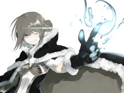 Rule 34 | 1girl, bio lab, cape, closed mouth, commentary request, double bun, dress, fur-trimmed cape, fur-trimmed gloves, fur trim, gloves, hair between eyes, hair bun, highres, kathryne keyron, limited palette, magic, miya9, one eye closed, pink eyes, ragnarok online, short hair, simple background, sleeveless, sleeveless dress, smile, solo, spot color, upper body, water, white background