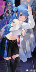 Rule 34 | 1girl, :o, alternate costume, black skirt, black thighhighs, blouse, blue eyes, blue hair, blue nails, blue stripes, commentary request, crop top, hair between eyes, hair ribbon, hololive, hoshimachi suisei, leaning forward, leaning on object, light blush, long hair, long sleeves, looking at viewer, midriff, mujinbensin, multicolored clothes, multicolored skirt, nail polish, navel, pointing, pointing up, ribbon, shirt, skirt, solo, thighhighs, two-tone skirt, virtual youtuber, white shirt, zettai ryouiki