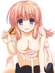 Rule 34 | 1girl, all fours, aoi akua, apron, black thighhighs, blue eyes, blush, breasts, cleavage, food, holding, holding food, kouno harumi, long hair, looking at viewer, medium breasts, naked apron, nude, open mouth, pink hair, simple background, solo, takoyaki, thighhighs, to heart (series), to heart 2, white background