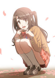 Rule 34 | 10s, 1girl, :d, bare legs, blazer, blush, bow, bowtie, brown eyes, brown hair, cherry blossoms, female focus, fingers together, happy, idolmaster, idolmaster cinderella girls, jacket, legs, legs together, long hair, long sleeves, looking at viewer, md5 mismatch, one side up, open mouth, petals, red skirt, resolution mismatch, school uniform, shadow, shimamura uzuki, shino (r shughart), shoes, skirt, smile, socks, solo, source larger, squatting