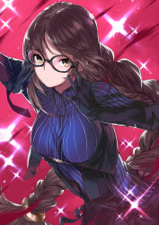 Rule 34 | 1girl, black dress, black gloves, blue sweater, breasts, brown hair, center opening, closed mouth, dress, fate/grand order, fate (series), glasses, gloves, long hair, long sleeves, looking at viewer, medium breasts, ohland, ribbed sweater, solo, strapless, strapless dress, sweater, very long hair, yellow eyes, yu mei-ren (fate), yu mei-ren (first ascension) (fate)