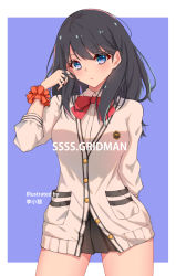 Rule 34 | 1girl, adjusting hair, arm behind back, artist name, black hair, black skirt, blue background, blue eyes, blush, border, bow, bowtie, breasts, buttons, cardigan, closed mouth, collared shirt, commentary request, copyright name, cowboy shot, dress shirt, gridman universe, hand in own hair, hand up, lixiao lang, long hair, long sleeves, looking at viewer, medium breasts, miniskirt, outside border, pleated skirt, red bow, scrunchie, shirt, skirt, solo, ssss.gridman, standing, takarada rikka, thighs, uniform, white border, white shirt, wrist scrunchie