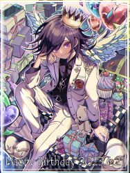 Rule 34 | 1boy, 2023, absurdres, angel wings, black necktie, black shirt, border, box, closed mouth, collared shirt, corsage, crown, cupcake, danganronpa (series), danganronpa v3: killing harmony, dated, feathered wings, flower, food, formal, gift, gift box, happy birthday, head rest, heart, highres, long sleeves, looking at viewer, male focus, necktie, oma kokichi, pants, purple eyes, purple hair, red flower, red rose, rose, shirt, short hair, smile, solo, suit, urami0310, white border, white pants, white suit, white wings, wings