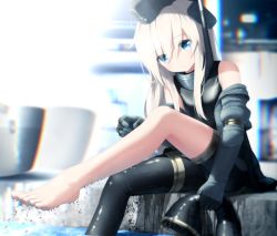 Rule 34 | 10s, 1girl, barefoot, blonde hair, blue eyes, blush, unworn boot, boots, unworn boots, chromatic aberration, cropped jacket, feet, garrison cap, goribote, hat, kantai collection, legs, long hair, military, military uniform, puffy sleeves, shoes, single boot, single shoe, sitting, smile, soaking feet, solo, swimsuit, thigh boots, thighhighs, toes, u-511 (kancolle), uniform, water