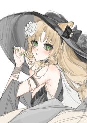 Rule 34 | 123456spn, 1girl, absurdres, animal ears, arknights, black bow, black dress, black hat, bow, breasts, commentary request, dress, ears through headwear, flower, green eyes, green nails, hair flower, hair ornament, hands up, hat, hat bow, highres, light brown hair, long hair, looking at viewer, looking to the side, medium breasts, nail polish, parted bangs, ringlets, rose, simple background, sketch, solo, swire (arknights), tiger ears, white background, white flower, white rose