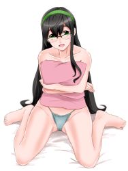 Rule 34 | 10s, 1girl, :d, bad id, bad pixiv id, barefoot, black hair, full body, green eyes, hair between eyes, highleg, highleg panties, highres, kantai collection, long hair, looking at viewer, hugging object, ojipon, ooyodo (kancolle), open mouth, panties, pillow, pillow hug, sitting, smile, solo, thighs, topless, underwear, wariza