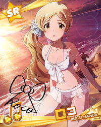 Rule 34 | 10s, 1girl, alternate hairstyle, beach, bikini, brown hair, character name, character signature, handa roco, idolmaster, idolmaster million live!, looking at viewer, musical note, official art, side ponytail, signature, sunset, swimsuit, yellow eyes