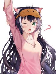 Rule 34 | 1girl, ?, absurdres, ahoge, animal ear fluff, animal ears, arms up, bandages, black hair, blouse, blush, breasts, cat ears, cat girl, collarbone, commentary request, eyepatch, facial mark, fang, green eyes, highres, karyl (princess connect!), long hair, long sleeves, looking at viewer, medium breasts, multicolored hair, one eye closed, open mouth, pajamas, pink shirt, princess connect!, shirt, simple background, skin fang, solo, streaked hair, upper body, whisker markings, white background, white hair, yawning, zeroillya