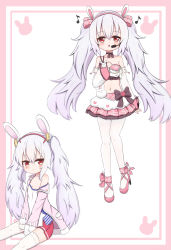 Rule 34 | 1girl, :o, absurdres, animal ears, azur lane, bare shoulders, between legs, bow, camisole, collarbone, commentary request, detached sleeves, eighth note, flower, hair between eyes, hair bow, hair ornament, hairband, hand between legs, headset, high heels, highres, jacket, jiu (sdesd3205), laffey (azur lane), laffey (bunny idol @unmotivated) (azur lane), long hair, long sleeves, midriff, multiple views, music, musical note, navel, off shoulder, open clothes, open jacket, parted lips, pink bow, pink flower, pink jacket, pink skirt, plaid, plaid bow, plaid skirt, pleated skirt, rabbit ears, red eyes, red hairband, red skirt, shoes, sidelocks, silver hair, singing, single strap, sitting, skirt, sleeves past wrists, strap slip, thighhighs, twintails, very long hair, white camisole, white sleeves, white thighhighs