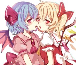 Rule 34 | 2girls, ascot, back bow, bat wings, blonde hair, blue hair, blush, bow, collared shirt, crystal, fang, flandre scarlet, frilled shirt collar, frilled sleeves, frills, hair between eyes, hair ribbon, incest, looking at viewer, multiple girls, no headwear, one side up, open mouth, paragasu (parags112), pink shirt, puffy short sleeves, puffy sleeves, red ascot, red bow, red eyes, red ribbon, red vest, remilia scarlet, ribbon, shirt, short hair, short sleeves, siblings, simple background, sisters, tongue, tongue out, touhou, upper body, vest, wavy hair, white background, white bow, white shirt, wings, yellow ascot, yuri