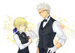 Rule 34 | 1boy, 1girl, adjusting eyewear, ahoge, archer (fate), artoria pendragon (all), artoria pendragon (fate), black bow, black bowtie, black vest, blonde hair, blue ribbon, bow, bowtie, braid, braided bun, closed mouth, collared shirt, dress shirt, fate/stay night, fate (series), gloves, green eyes, hair between eyes, hair bun, hair ribbon, hand on own hip, highres, long sleeves, looking at viewer, red-framed eyewear, ribbon, saber (fate), shirt, short hair, smile, spiked hair, standing, vest, vvv1356 ygo, white background, white gloves, white hair, white shirt, wing collar