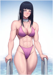 Rule 34 | 1girl, abs, absurdres, alternate muscle size, bikini, black hair, blunt bangs, breasts, broad shoulders, cropped legs, forehead protector, frown, highres, huge breasts, hyuuga hinata, konohagakure symbol, large breasts, lips, long hair, muscular, muscular female, naruto (series), naruto shippuuden, naruto shippuuden, navel, pink bikini, pool ladder, purple bikini, purple eyes, simple background, speedl00ver, standing, string bikini, swimsuit, tagme, thick thighs, thighs, wet