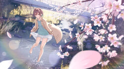 Rule 34 | 1girl, absurdres, barefoot, blue shirt, braid, branch, bridge, brown hair, brown jacket, cac itinose, cherry blossoms, closed mouth, commentary request, day, flower, highres, jacket, lifted by self, long sleeves, looking at viewer, open clothes, open jacket, original, outdoors, petals, pink flower, pleated skirt, purple eyes, railing, revision, river, shirt, skirt, skirt hold, smile, solo, standing, standing on one leg, water, white skirt