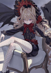 Rule 34 | 1girl, armchair, artist name, black shirt, black shorts, bonnet, bow, bowtie, buttons, chair, closed mouth, crossed legs, demon wings, eyeshadow, fishnets, fkey, flower, hair between eyes, highres, kodona, lolita fashion, long hair, long sleeves, makeup, original, puffy shorts, red eyes, red neckwear, rose, shirt, shorts, sitting, striped clothes, striped legwear, striped shirt, very long hair, wavy hair, wings