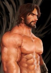 Rule 34 | 1boy, abs, bara, beard, biceps, brown hair, cassidy (overwatch), dopey (dopq), facial hair, feet out of frame, highres, large pectorals, looking to the side, male focus, manly, mature male, messy hair, muscular, muscular male, nipples, overwatch, pectorals, solo, thick arms, thick eyebrows, topless male, veins, veiny arms