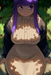 Rule 34 | 1girl, absurdres, black robe, breasts, collar, commentary, curvy, cut bangs, dappled sunlight, day, dildo reveal, dress, english commentary, fern (sousou no frieren), frilled collar, frills, highres, large breasts, long hair, long sleeves, off shoulder, purple eyes, purple hair, rajah (dajah), robe, sitting, solo, sousou no frieren, straight hair, sunlight, white dress