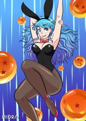 Rule 34 | 1girl, animal ears, aqua hair, arm support, arms up, artist name, artist request, ass, bare shoulders, black leotard, blue eyes, blush, bow, bowtie, breasts, bulma, cleavage, curvy, detached collar, dragon ball, dragon ball (classic), dragon ball (object), fake animal ears, fake tail, floating hair, highleg, highleg leotard, highres, leotard, long hair, motion lines, pantyhose, playboy bunny, rabbit ears, rabbit tail, shiny skin, smile, solo, tail, wrist cuffs