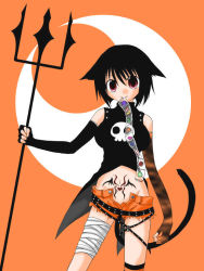 Rule 34 | 1girl, animal ears, black hair, cat ears, cat tail, halloween, kanade (wakamest), mouth hold, polearm, red eyes, short hair, solo, tail, trident, weapon