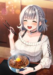 Rule 34 | 1girl, :d, ^ ^, beef, black bra, black choker, blunt bangs, bow, bowl, bra, bra strap, braid, breasts, choker, chopsticks, closed eyes, collarbone, cross-laced clothes, food, food on face, grey hair, gyuudon, hair bow, highres, holding, holding chopsticks, hololive, kura noi, large breasts, lens flare, medium hair, official alternate costume, open mouth, rice, shirogane noel, shirogane noel (casual), smile, snowflake ornament, solo, sweater, table, teeth, underwear, upper teeth only, virtual youtuber, watch, white sweater, wristwatch