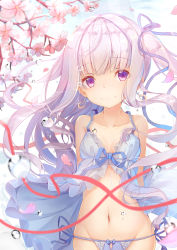 Rule 34 | 10s, 1girl, blue ribbon, blush, breasts, cleavage, closed mouth, collarbone, earrings, gotou jun, hair ribbon, highres, jewelry, long hair, looking at viewer, medium breasts, navel, purple eyes, ribbon, silver hair, smile, solo, tatapopo, tenshi no 3p!, twintails, water drop