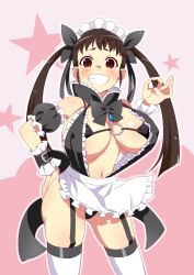 Rule 34 | 1girl, alternate breast size, apron, arm garter, bikini, black bikini, black bow, black bowtie, blush, bow, bowtie, breasts, brown hair, collar, frilled apron, frilled collar, frilled sleeves, frills, garter belt, garter straps, gesugesu ahoaho, hachikuji mayoi, hair bow, highres, large breasts, looking at viewer, maid, maid apron, maid bikini, maid headdress, monogatari (series), navel, oppai loli, red eyes, short bangs, smile, solo, swimsuit, teeth, thighhighs, twintails, unconventional maid, white apron