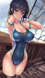 Rule 34 | 1girl, black hair, blue eyes, blue one-piece swimsuit, breasts, cleavage, competition swimsuit, gloves, groin, highleg, highres, large breasts, murasa minamitsu, one-piece swimsuit, shounen (hogehoge), sideboob, solo, swimsuit, thighhighs, touhou
