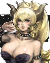 Rule 34 | 1girl, absurdres, armlet, bare shoulders, black dress, blonde hair, bowsette, bracelet, breasts, brooch, cleavage, collar, collarbone, crown, dress, earrings, fingernails, green eyes, hair between eyes, hand up, high ponytail, highres, horns, jewelry, large breasts, lips, long hair, looking at viewer, mario (series), nail polish, new super mario bros. u deluxe, nintendo, parted lips, pointy ears, ponytail, purple nails, sidelocks, smile, solo, spiked armlet, spiked bracelet, spiked collar, spikes, strapless, super crown, upper body, yasuda akira