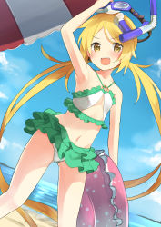 Rule 34 | 10s, 1girl, absurdres, arm up, armpits, bare arms, bare shoulders, blonde hair, day, diving mask, diving mask on head, dutch angle, goggles, goggles on head, gradient background, highres, horizon, innertube, kantai collection, long hair, looking at viewer, low twintails, max melon, navel, o-ring, o-ring top, ocean, open mouth, outdoors, satsuki (kancolle), skirt, smile, solo, standing, swim ring, swimsuit, twintails, umbrella, very long hair, water, yellow eyes