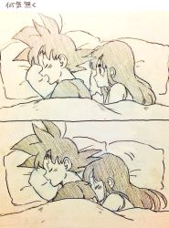 Rule 34 | 1boy, 1girl, back turned, bed, bed sheet, black eyes, black hair, chi-chi (dragon ball), comic, couple, dragon ball, expressionless, closed eyes, long hair, looking at another, monochrome, panels, pillow, short hair, silent comic, simple background, sleeping, son goku, spiked hair, tkgsize, translation request