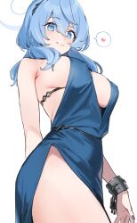 Rule 34 | 1girl, 92m, ako (blue archive), ako (dress) (blue archive), backless dress, backless outfit, bare shoulders, blue archive, blue dress, blue eyes, blue hair, blush, breasts, chain, cleavage, cuffs, dress, hair between eyes, hairband, halo, highres, large breasts, looking at viewer, medium hair, shackles, sideboob, smile, solo