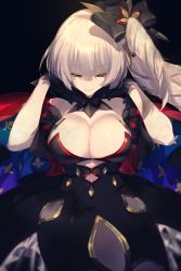 Rule 34 | 1girl, bare shoulders, black background, black bow, black dress, black gloves, bow, breasts, cleavage, closed mouth, dress, echo (circa), fate/grand order, fate (series), gloves, hair bow, large breasts, long hair, marie antoinette (alter) (fate), marie antoinette (fate), pale skin, side ponytail, silver hair, smile, very long hair, yellow eyes