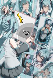 Rule 34 | 1girl, annotated, aqua eyes, aqua hair, aqua necktie, artist self-reference, black skirt, blush, boots, collared shirt, commentary request, detached collar, drawing (object), from behind, grey shirt, hand fan, hatsune miku, highres, holding, holding drawing, holding fan, kawasuru (15miclon), long hair, looking at viewer, necktie, pleated skirt, sacabambaspis, shirt, sidelocks, skirt, sleeveless, sleeveless shirt, thigh boots, twintails, vocaloid