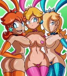 Rule 34 | 3girls, absurdres, artist request, ass, blonde hair, blue eyes, breasts, brown hair, curvy, hair over one eye, hand on own hip, highres, huge ass, large breasts, legs, long hair, looking at viewer, looking back, mario (series), multiple girls, naughty face, navel, nintendo, nude, open mouth, pasties, princess, princess daisy, princess peach, rabbit ears, rosalina, short hair, sideboob, smile, source request, super mario bros. 1, super mario galaxy, super mario land, thick thighs, thighs, wide hips