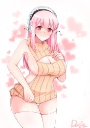 Rule 34 | 1girl, absurdres, aran sweater, backless dress, backless outfit, bad id, bad pixiv id, bare back, blush, breasts, cable knit, cleavage, cleavage cutout, clothing cutout, dongdong, dress, halterneck, headphones, highres, large breasts, long hair, looking at viewer, meme attire, nitroplus, open-chest sweater, pink eyes, pink hair, ribbed sweater, sideboob, smile, solo, super sonico, sweater, sweater dress, thighhighs, turtleneck, turtleneck sweater, virgin killer sweater