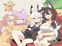Rule 34 | 5girls, absurdres, alternate costume, animal ear fluff, animal ears, black tank top, breasts, brown hair, cat ears, cat girl, cat tail, cleavage, cocomayo29 (tomato), copyright name, dog ears, dog girl, dog tail, fox ears, fox girl, fox tail, highres, hololive, hololive gamers, hug, indoors, inugami korone, korean commentary, large breasts, looking at another, looking at breasts, multiple girls, nekomata okayu, off-shoulder shirt, off shoulder, ookami mio, pajamas, shirakami fubuki, shiranui flare, shirt, sleeping, tail, tank top, virtual youtuber, wolf ears, wolf girl, wolf tail