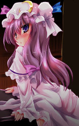 Rule 34 | 1girl, ass, blush, book, bow, clothes lift, crescent, crotch rub, dress, dress lift, female masturbation, hat, long hair, looking back, masturbation, open mouth, patchouli knowledge, purple eyes, purple hair, solo, table, table humping, touhou, yamu (reverse noise)