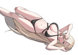 Rule 34 | 1girl, absurdres, alternate costume, arms up, asuna (blue archive), bikini, black bikini, blonde hair, blue archive, blue eyes, breasts, commentary request, covering face, criss-cross halter, foot out of frame, hair over one eye, halterneck, highres, large breasts, long hair, looking at viewer, lying, miuna (498475051), navel, on back, one eye covered, parted lips, simple background, solo, stomach, swimsuit, very long hair, white background
