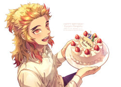 Rule 34 | 1boy, artist name, birthday cake, blonde hair, cake, character age, character name, english text, food, forked eyebrows, fruit, happy birthday, holding, holding cake, holding food, holding plate, kimetsu no yaiba, looking at viewer, male focus, medium hair, multicolored hair, open mouth, plate, rengoku kyoujurou, shirt, smile, strawberry, teeth, two-tone hair, unknown007, upper body, white shirt, yellow eyes