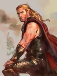 Rule 34 | 1boy, bare shoulders, beard, blonde hair, blue eyes, cape, check copyright, copyright request, facial hair, from side, full beard, highres, long hair, looking to the side, male focus, marvel, mature male, muscular, muscular male, mustache, red cape, sideburns, sleeveless, solo, standing, thor (marvel), triceps, unfinished, yi lee