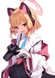 Rule 34 | 1girl, :d, absurdres, animal ear headphones, animal ears, black skirt, blonde hair, blue archive, blue necktie, camera, cat ear headphones, commentary request, dowal, fake animal ears, fang, hair ribbon, halo, headphones, highres, holding, holding camera, jacket, looking at viewer, momoi (blue archive), necktie, open mouth, pink halo, red eyes, red ribbon, ribbon, shirt, short hair, simple background, skin fang, skirt, smile, solo, white background, white jacket, white shirt