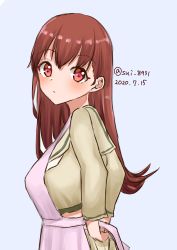 Rule 34 | 1girl, absurdres, apron, beige sailor collar, beige serafuku, brown hair, commentary request, dated, green background, highres, kantai collection, long hair, looking at viewer, one-hour drawing challenge, ooi (kancolle), ooi kai ni (kancolle), pink apron, red eyes, sailor collar, school uniform, serafuku, simple background, solo, tamako (sui 8931), twitter username, upper body