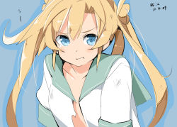 Rule 34 | 10s, 1girl, :t, abukuma (kancolle), blonde hair, blue background, blush, dated, kantai collection, long hair, looking at viewer, simple background, solo, wara (warapro)