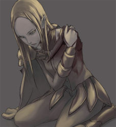 Rule 34 | 00s, 1girl, amputee, armor, blonde hair, blood, cape, claymore (series), clenched teeth, face, faulds, grey background, guro, irene, kneeling, pauldrons, pointy ears, shoulder armor, solo, tea (nakenashi), teeth, yellow eyes