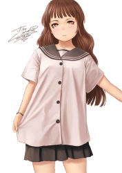 Rule 34 | 1girl, black sailor collar, black skirt, bracelet, brown eyes, brown hair, buttons, clothes pull, commentary request, dated, highres, hotateyuki, jewelry, long hair, looking at viewer, making-of available, original, pleated skirt, sailor collar, school uniform, serafuku, shirt pull, short sleeves, signature, simple background, skirt, solo, standing, white background